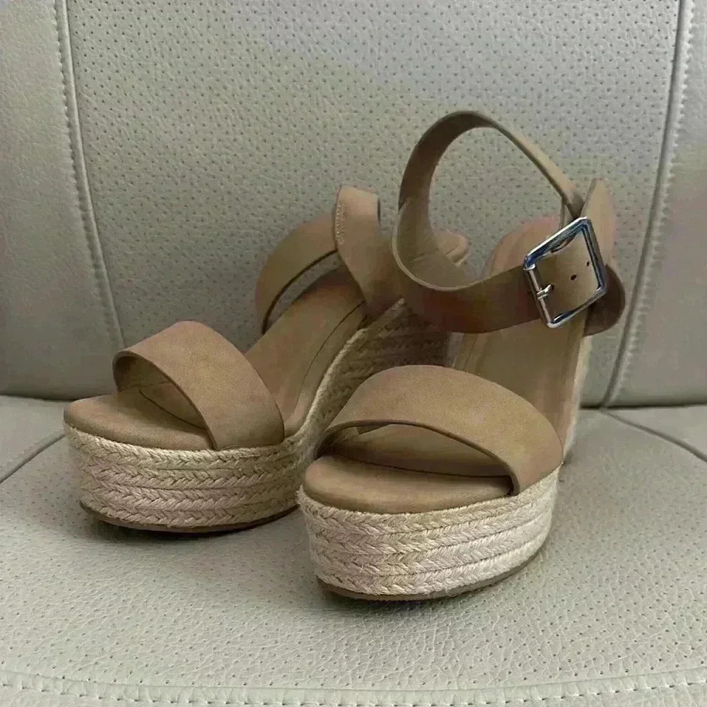 Tan Wedge Sandals with Ankle Strap - Picture 2 of 7